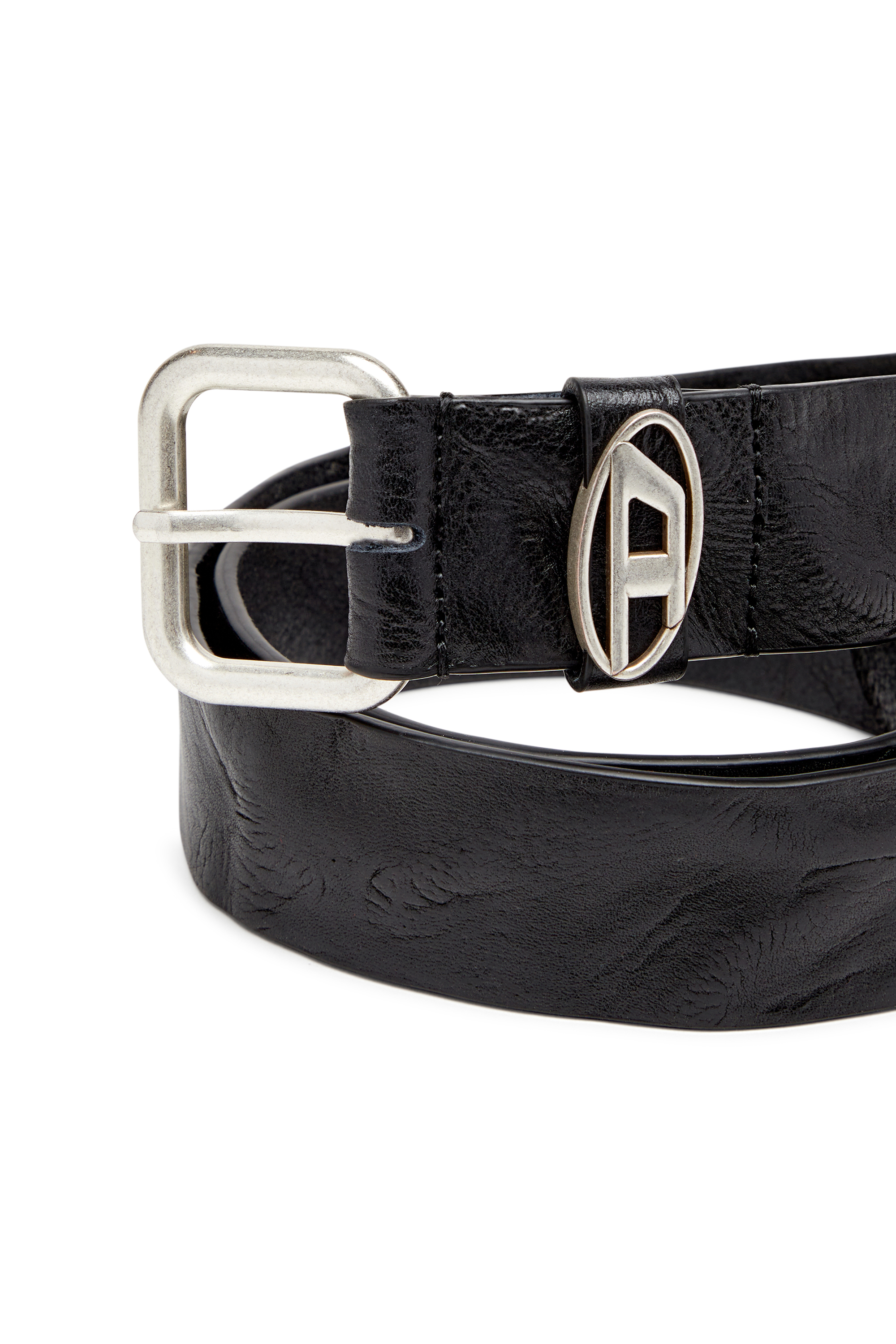 Diesel - B-1DR OVAL D LOOP, Unisex's 3.9cm logo-plaque wrinkled leather belt in ブラック - 3