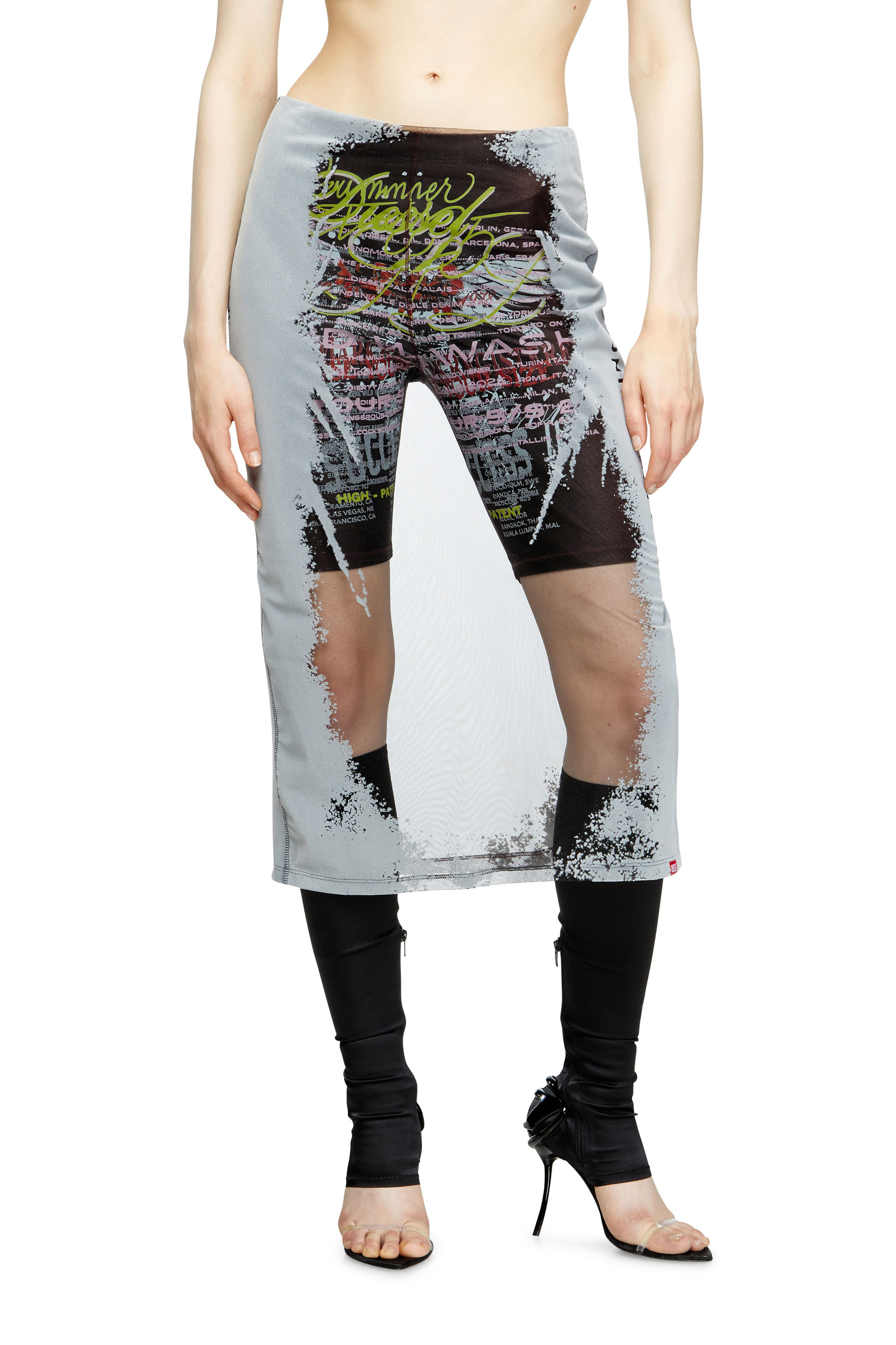 Diesel - O-LYAC, Female's Layered midi skirt with lyrics print in ブラック/グレー - 1