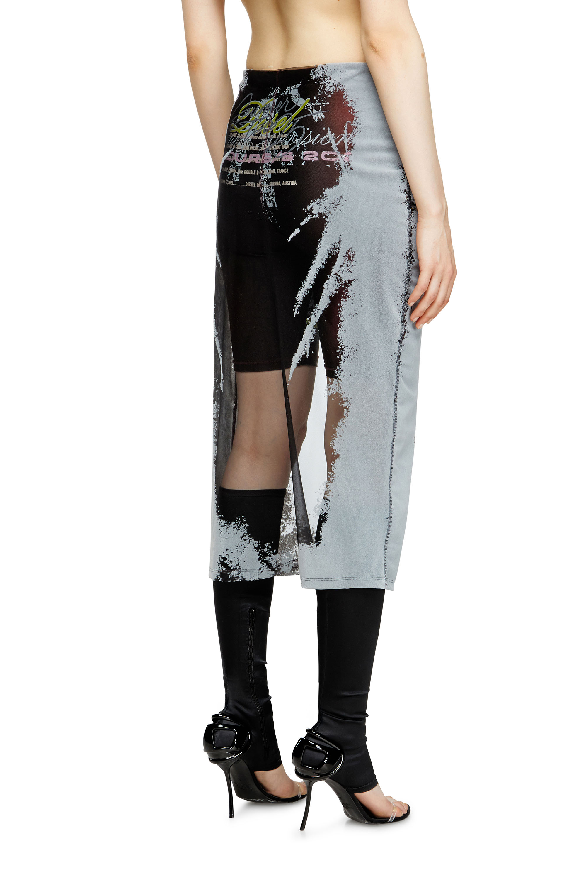 Diesel - O-LYAC, Female's Layered midi skirt with lyrics print in ブラック/グレー - 4