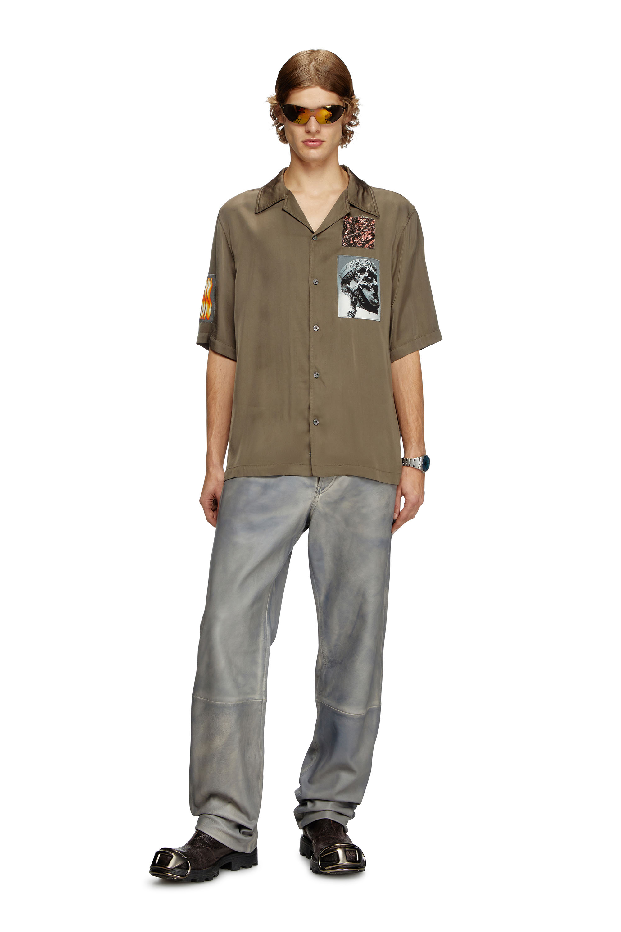 Diesel - S-DAXHE, Male's Short-sleeve satin shirt with patches in ミリタリーグリーン - 3
