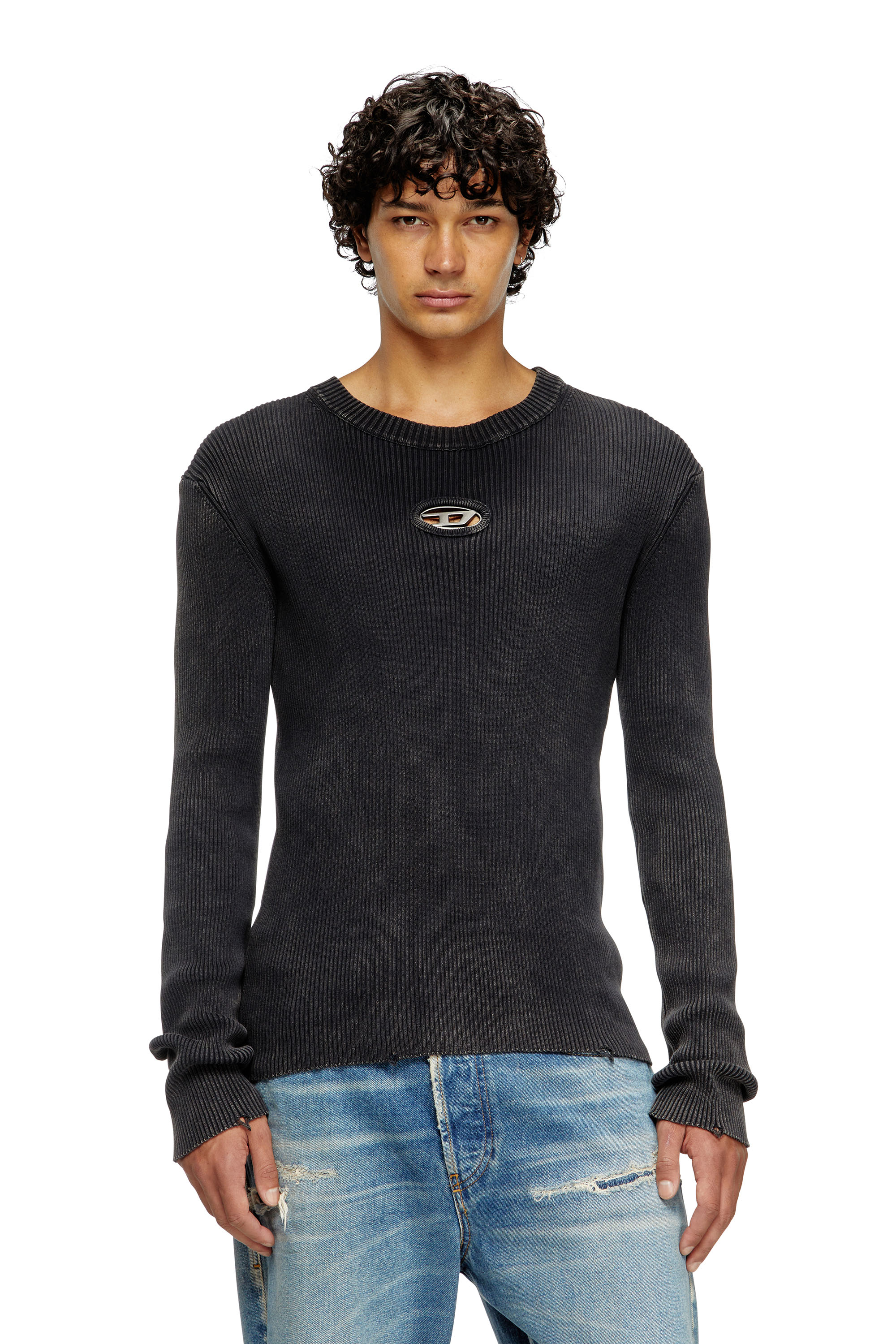 Diesel - K-DARIN-D, Male's Distressed jumper with cut-out logo in ブラック - 1