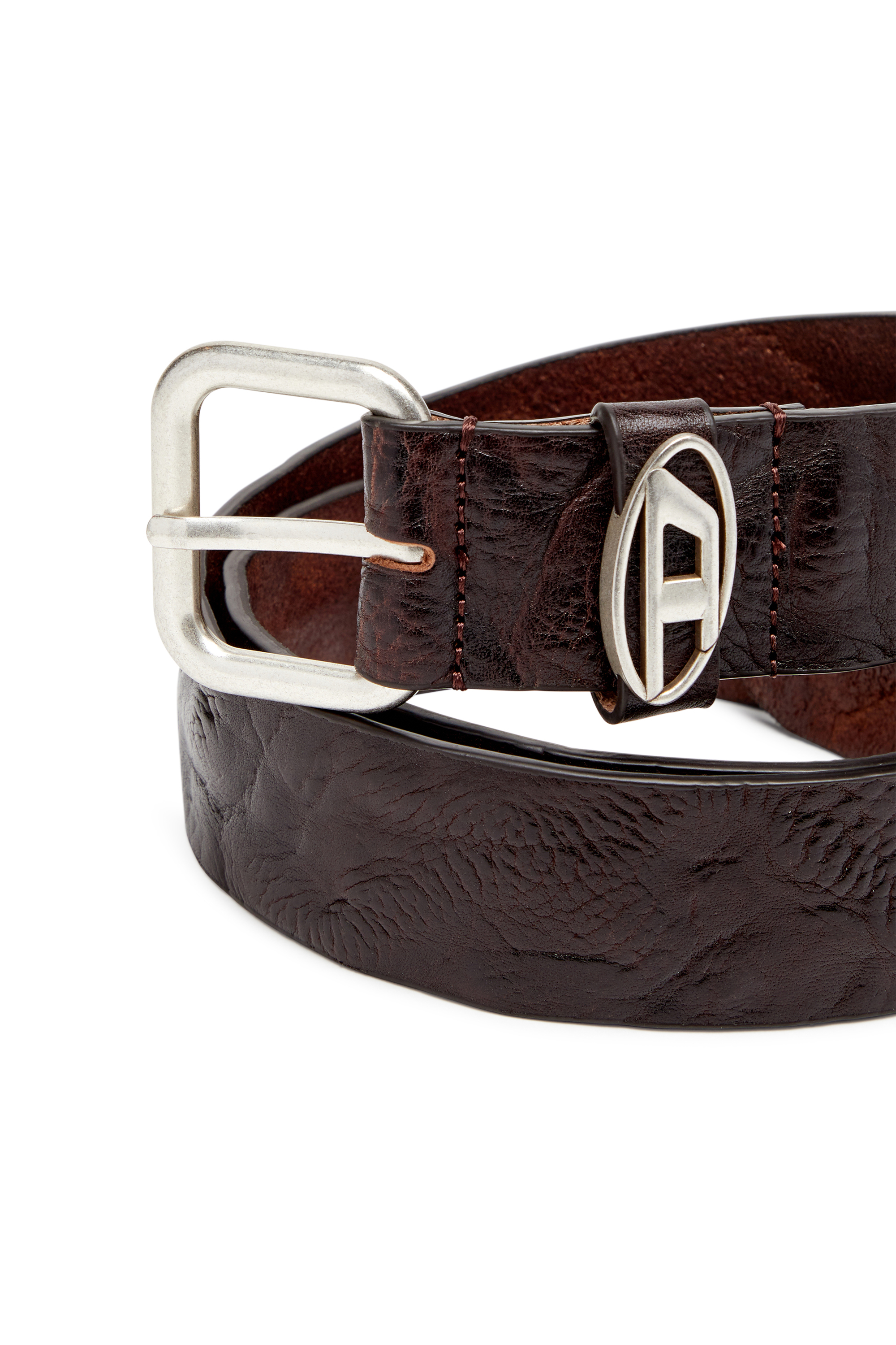 Diesel - B-1DR OVAL D LOOP, Unisex's 3.9cm logo-plaque wrinkled leather belt in ダークブラウン - 3