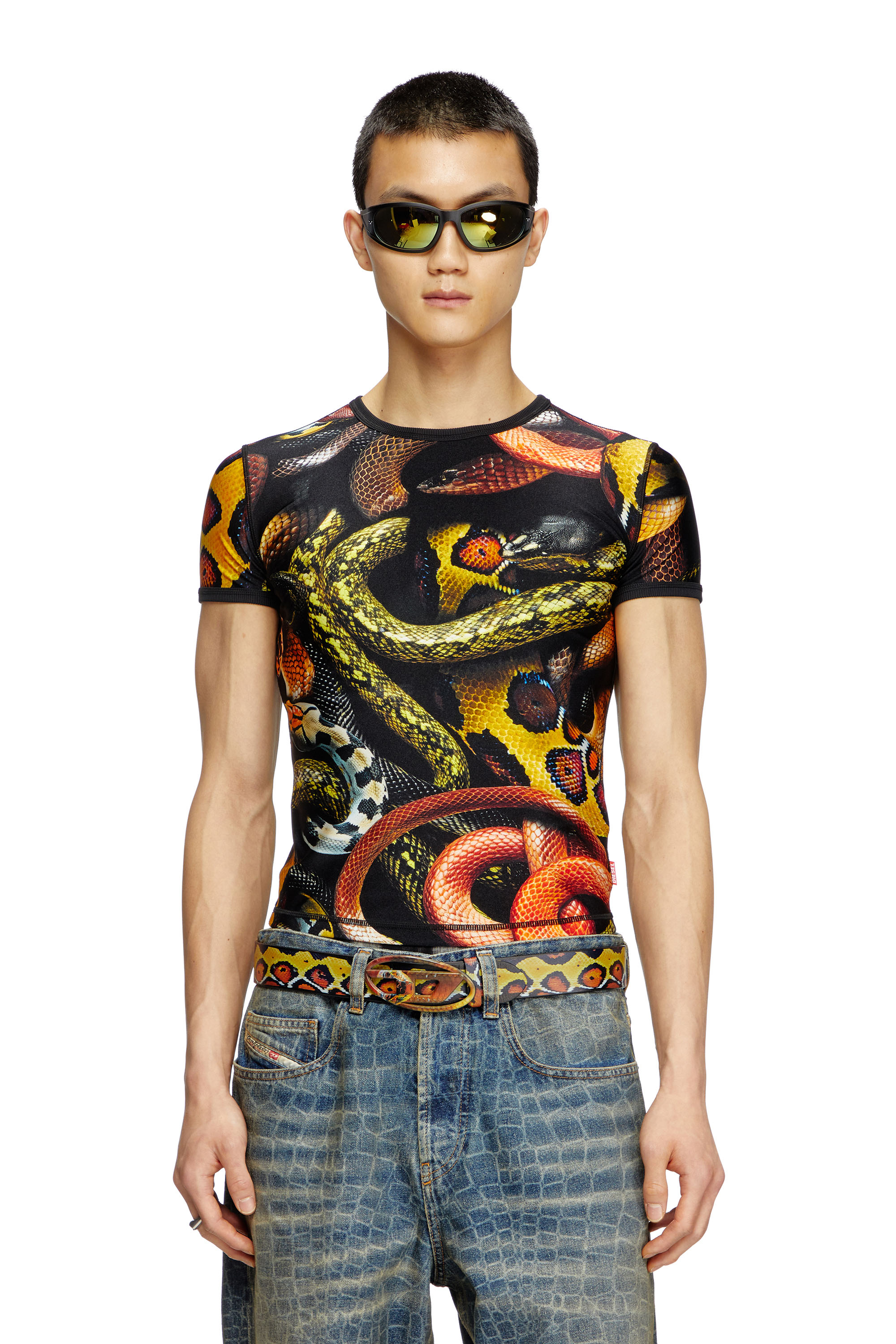Diesel - CL-T-UNCLE-SNAKE, Unisex's Lycra T-shirt with all-over snake print in ブラック/イエロー - 1