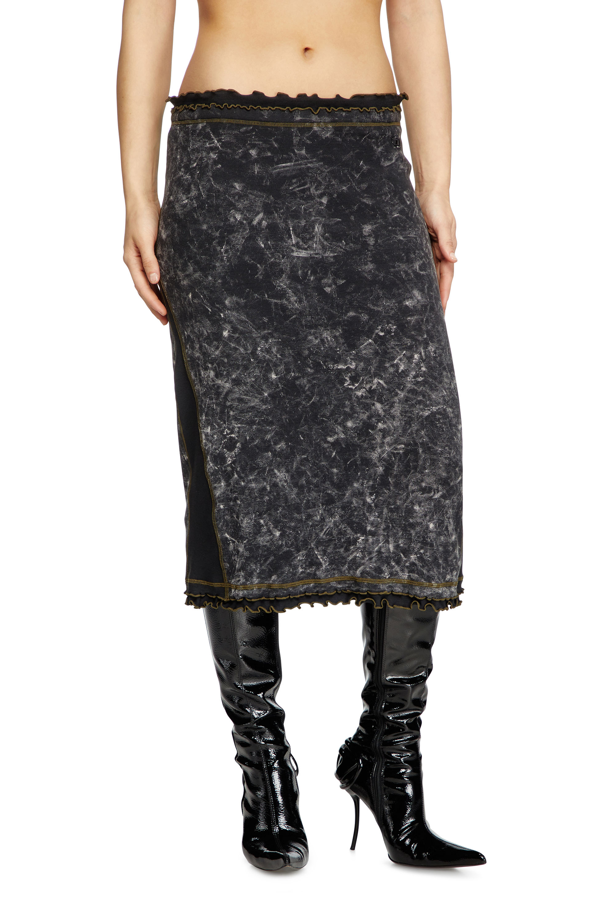 Diesel - O-MENO, Female's Marbled mini skirt with ruffled trims in ブラック - 1