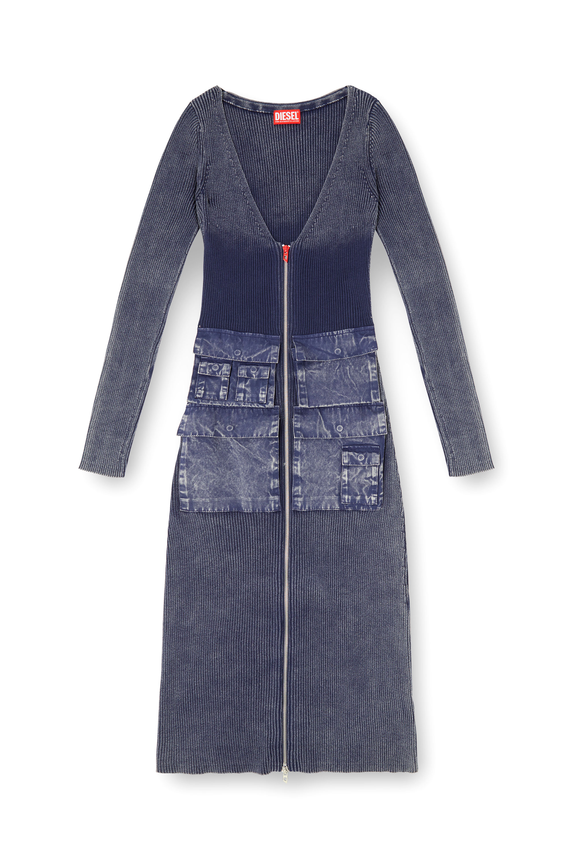 Diesel - M-MELTI-LS, Female's Ribbed midi dress with denim treatment in ブルー - 3