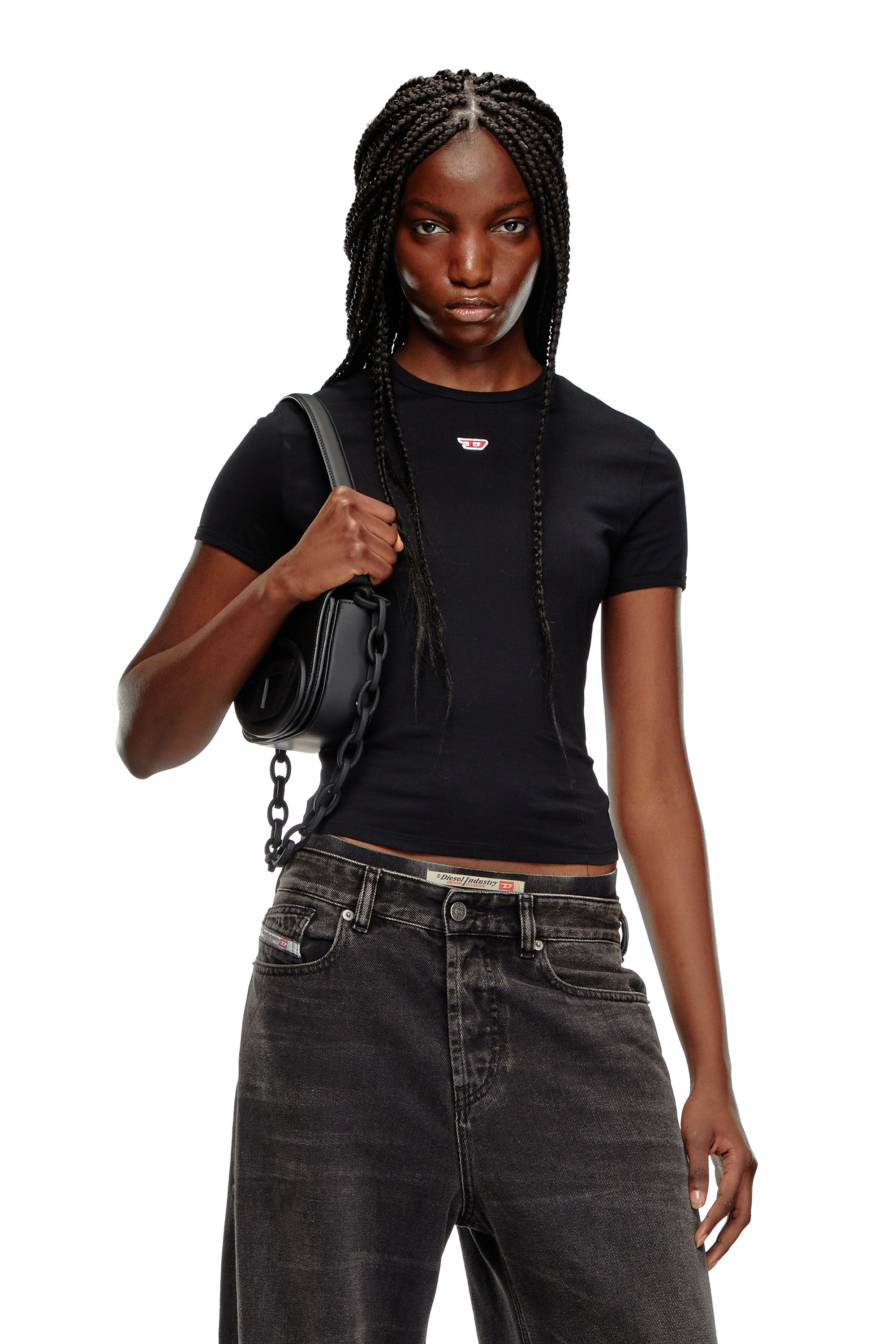 Diesel - T-UNCUTIE-LONG-D, Female's T-shirt with embroidered D patch in ブラック - 1
