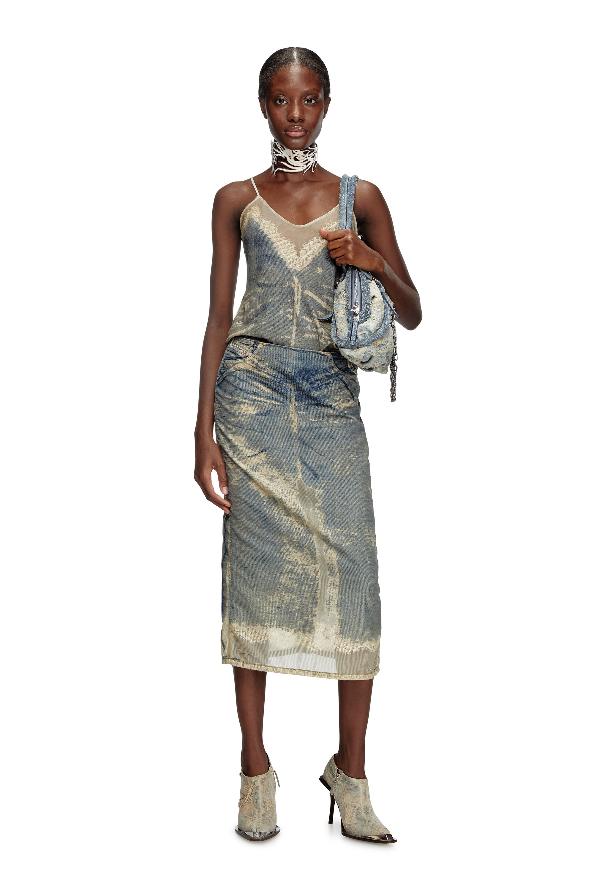 Diesel - DE-PRA-FSF, Female's Midi skirt in floating devoré denim in ミディアムブルー - 3