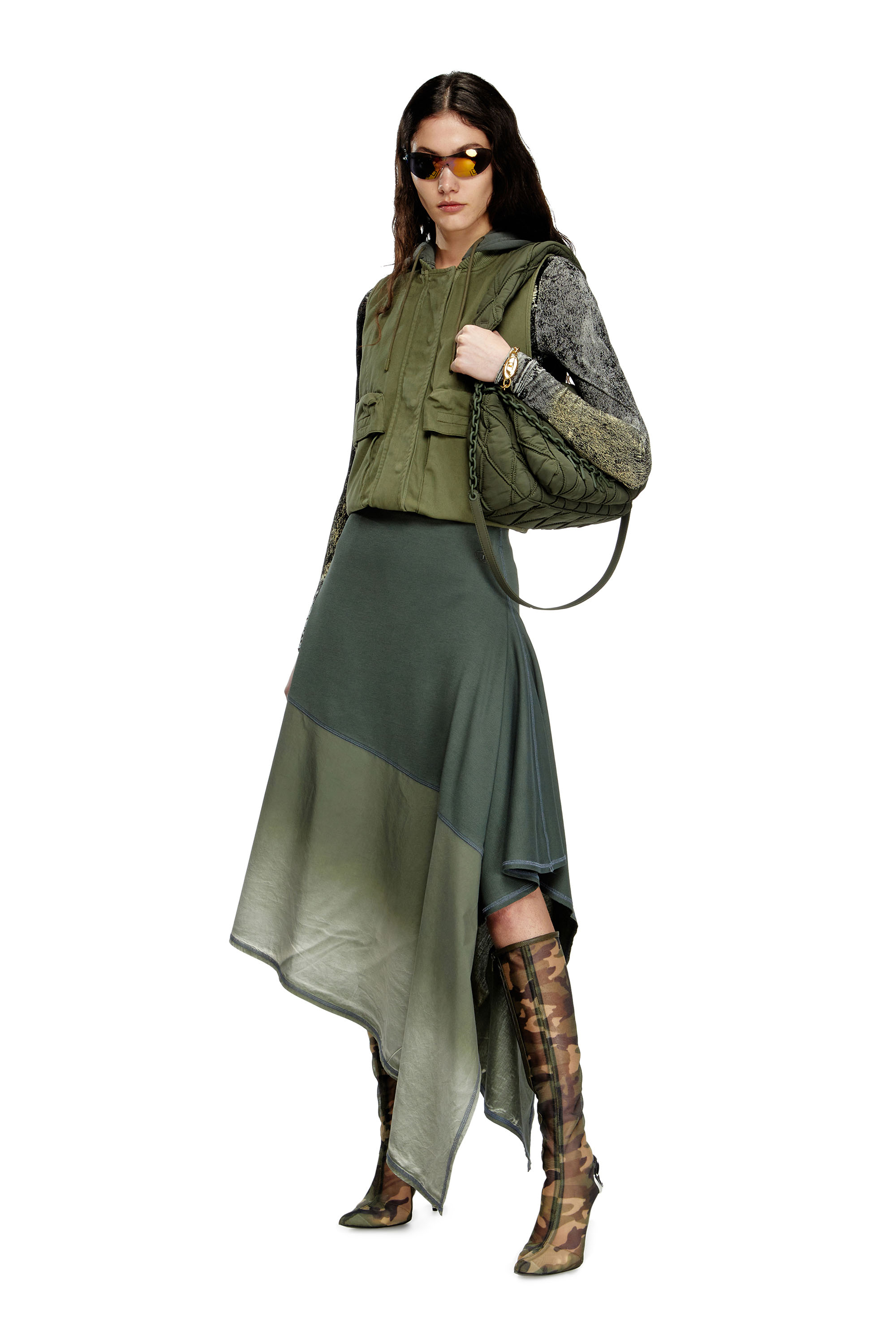 Diesel - O-MARTA, Female's Spliced asymmetrical midi skirt in グリーン - 3
